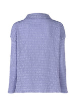 Back view of the KNIT LIKE CLOTH blouse by me ISSEY MIYAKE—a long-sleeved, textured lavender top in a soft cotton blend with a gentle collar and relaxed fit, ideal for spring and summer, shown on a plain white background.