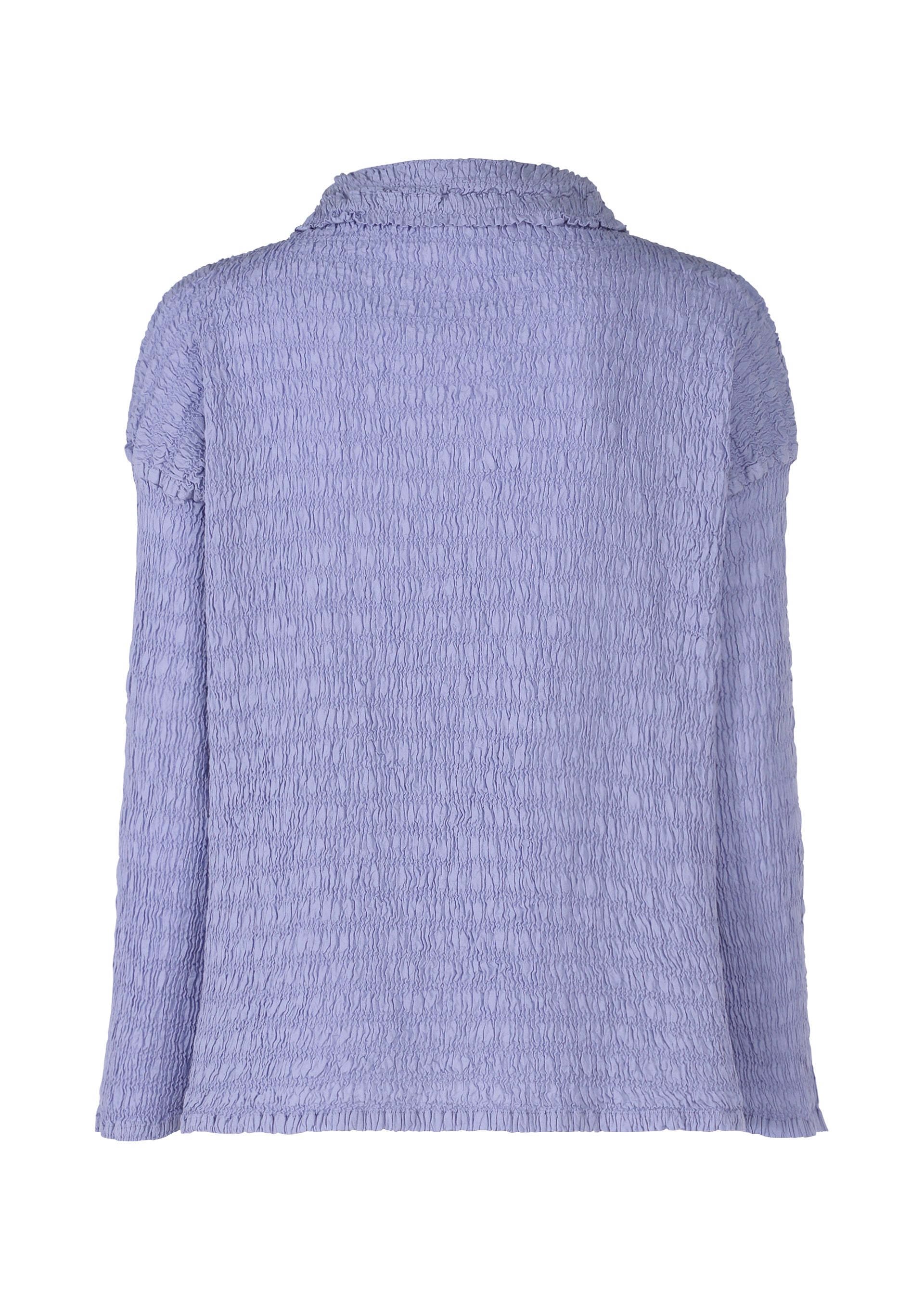 Zoomed view Back view of the KNIT LIKE CLOTH blouse by me ISSEY MIYAKE—a long-sleeved, textured lavender top in a soft cotton blend with a gentle collar and relaxed fit, ideal for spring and summer, shown on a plain white background.