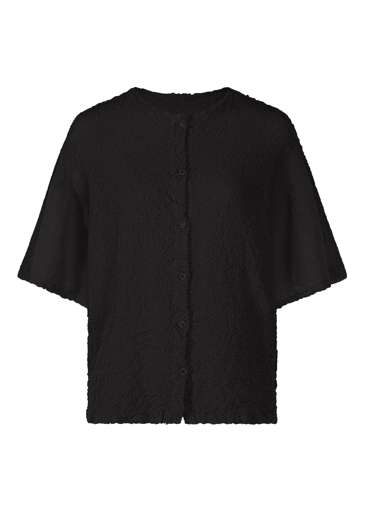 The SHEER CAULIFLOWER by me ISSEY MIYAKE is a black, cotton short-sleeved cardigan blouse with a textured fabric and round neckline, shown against a white background. view 1 of 7