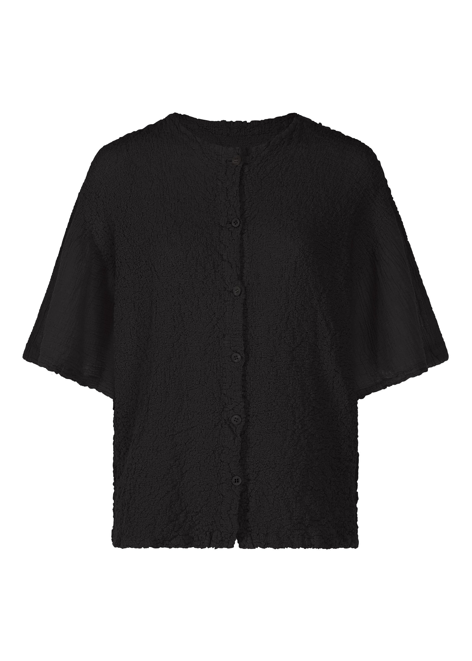 Zoomed view The SHEER CAULIFLOWER by me ISSEY MIYAKE is a black, cotton short-sleeved cardigan blouse with a textured fabric and round neckline, shown against a white background. - BLACK （no.15）