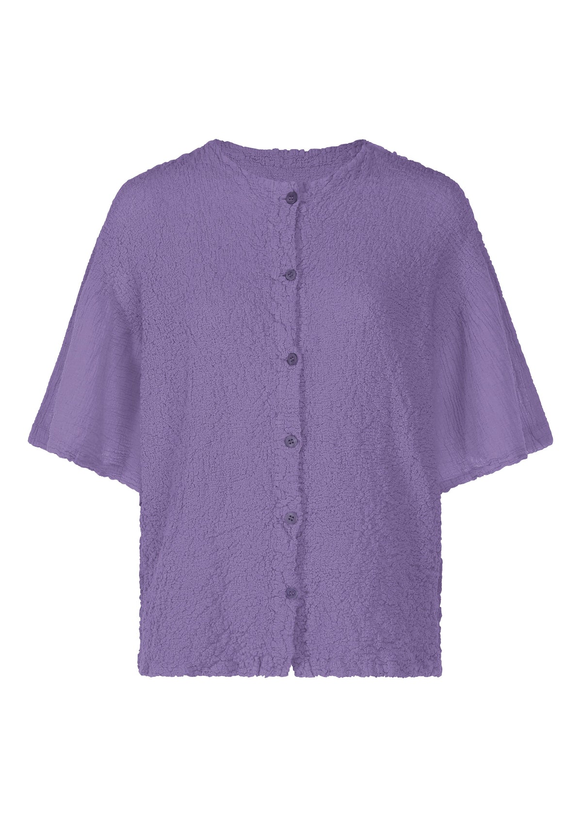 The SHEER CAULIFLOWER blouse by me ISSEY MIYAKE is a loose-fitting, textured lavender top with short sleeves, a round neck, and button-down front, inspired by the comfort of a cotton cardigan. view 3 of 7