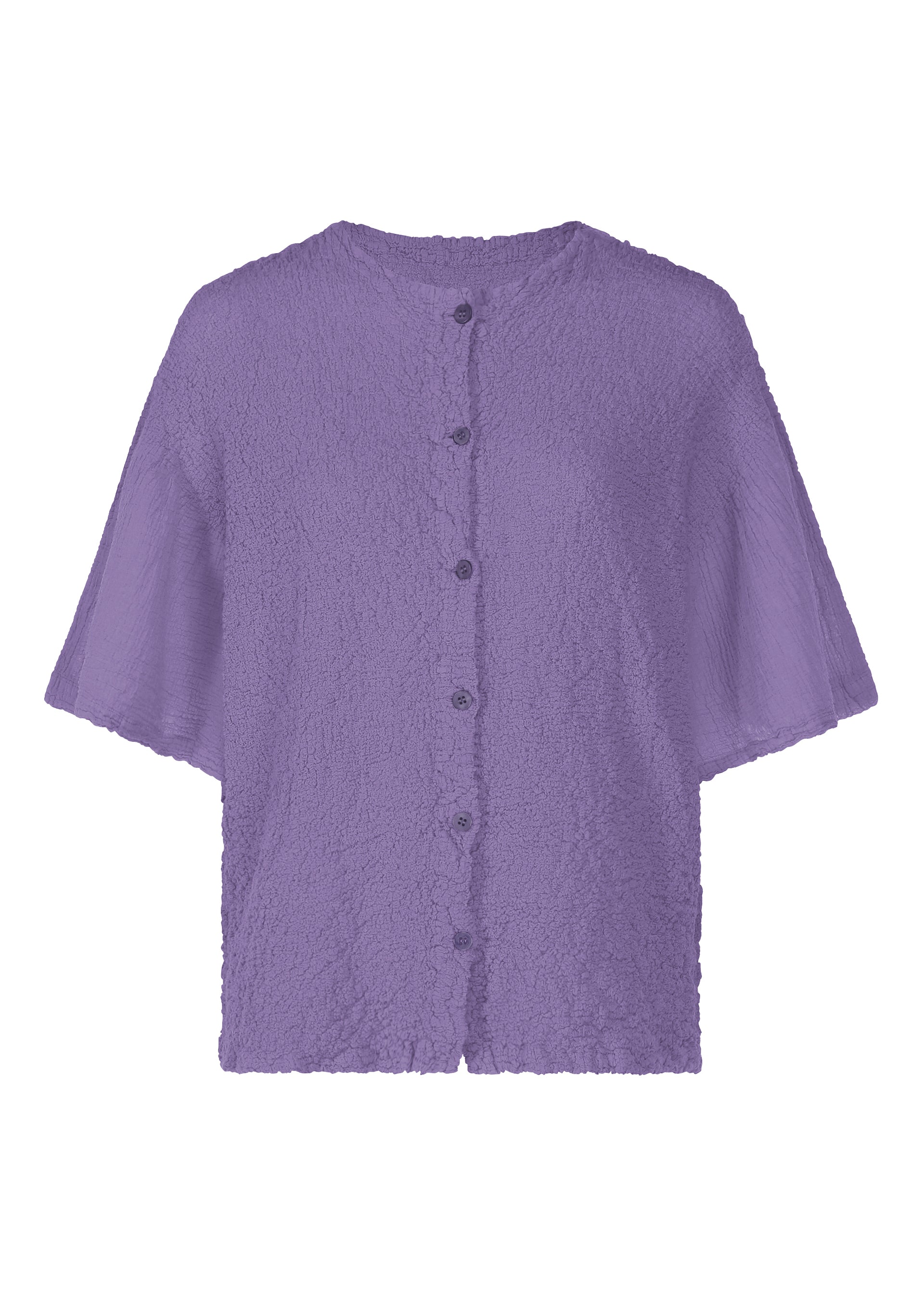Zoomed view The SHEER CAULIFLOWER blouse by me ISSEY MIYAKE is a loose-fitting, textured lavender top with short sleeves, a round neck, and button-down front, inspired by the comfort of a cotton cardigan. - VIOLET （no.82）
