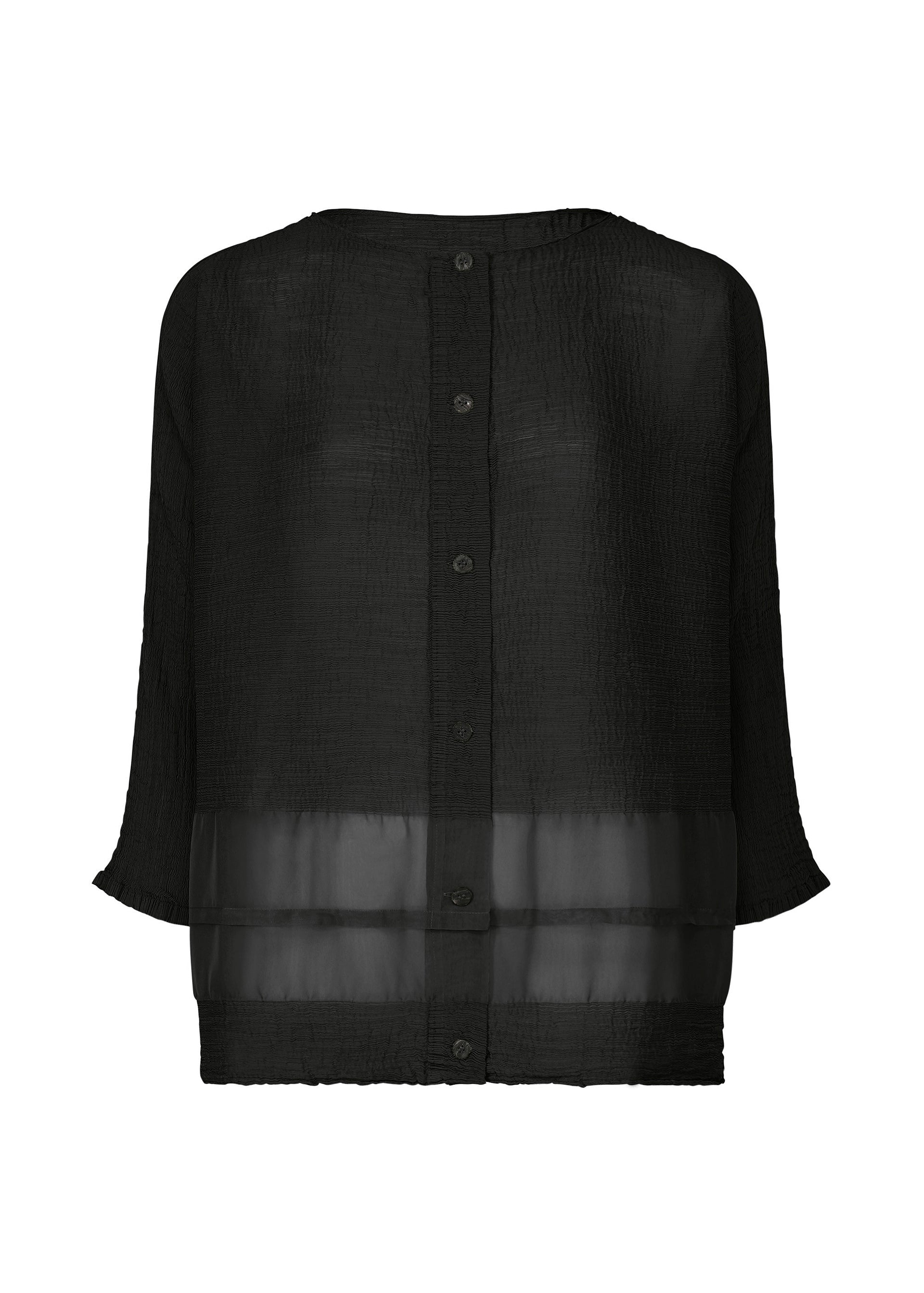 Zoomed view The SHEER SEE-THROUGH CREPE by me ISSEY MIYAKE is a black, long-sleeved blouse with a textured, garment-dyed finish—featuring buttoned back, sheer crepe cardigan style, and an opaque panel near the hem for a modern loose fit. - BLACK （no.15）