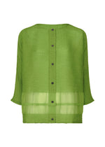 The SHEER SEE-THROUGH CREPE by me ISSEY MIYAKE is a loose-fitting green blouse made from garment-dyed fabric, featuring long sleeves, front buttons, and a sheer horizontal panel near the hem, shown on a white background. - LEAF GREEN （no.60）