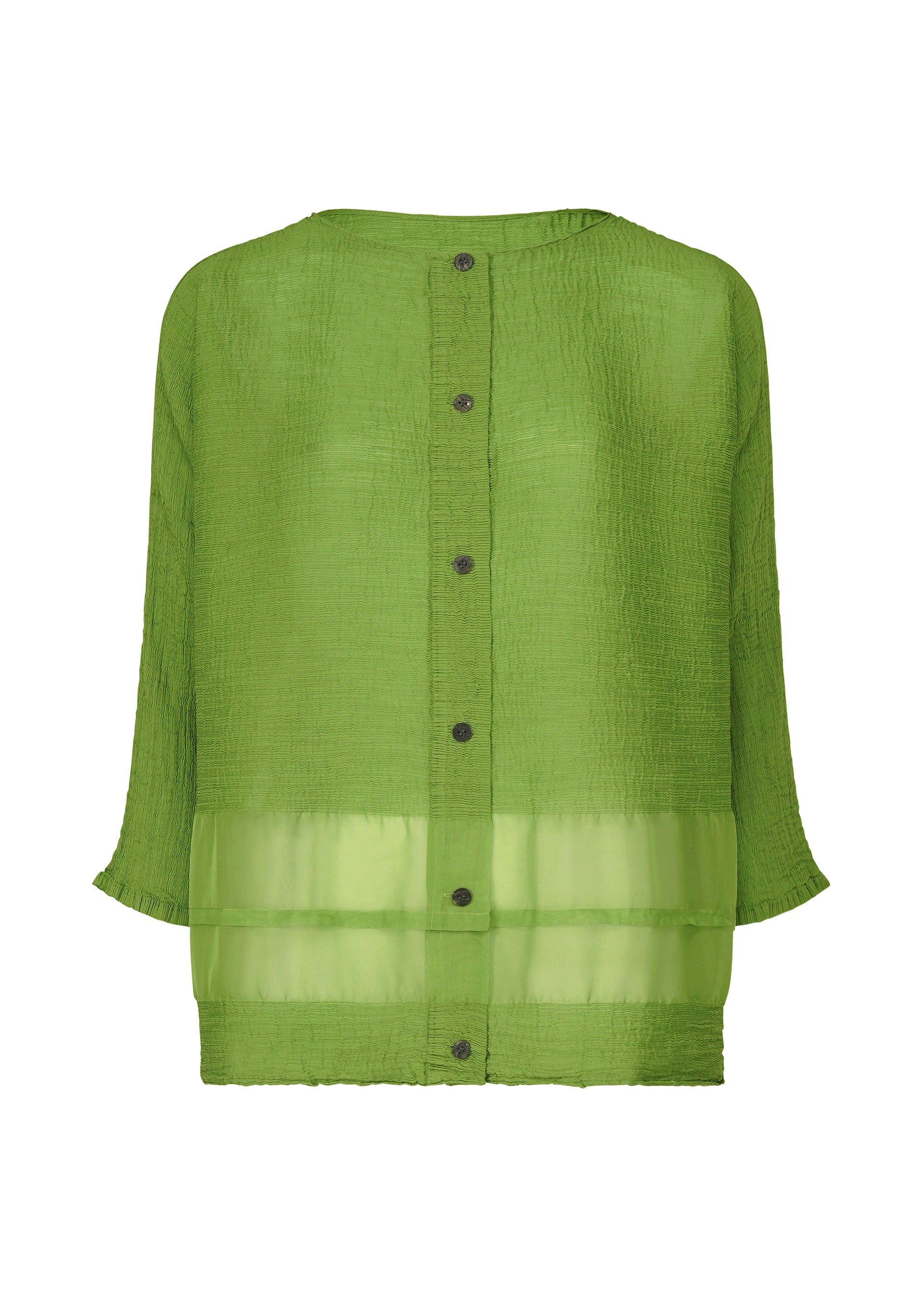 Zoomed view The SHEER SEE-THROUGH CREPE by me ISSEY MIYAKE is a loose-fitting green blouse made from garment-dyed fabric, featuring long sleeves, front buttons, and a sheer horizontal panel near the hem, shown on a white background. - LEAF GREEN （no.60）