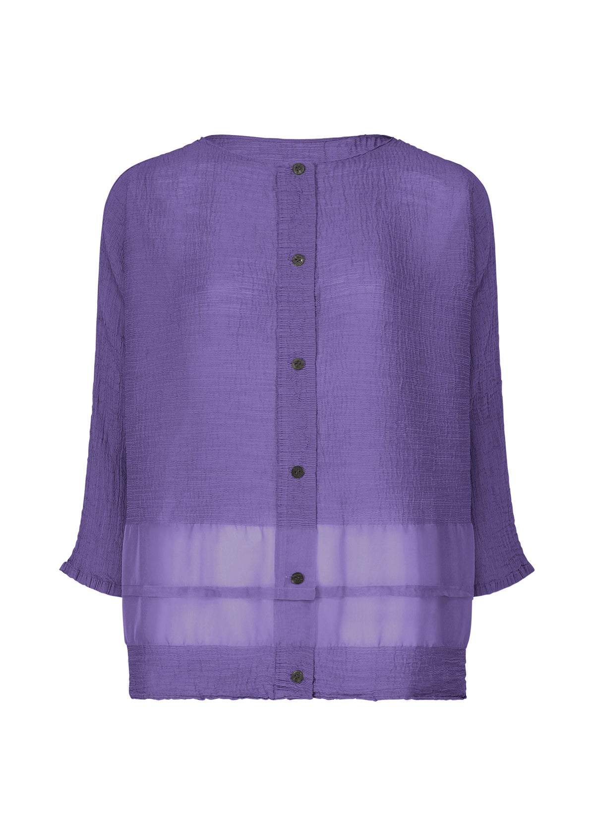 The SHEER SEE-THROUGH CREPE blouse by me ISSEY MIYAKE is a sheer, long-sleeved purple top with a textured, garment-dyed crepe fabric, button-down back, solid horizontal hem band, loose fit, and round neckline. view 3 of 7