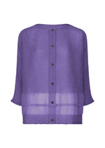 The SHEER SEE-THROUGH CREPE blouse by me ISSEY MIYAKE is a sheer, long-sleeved purple top with a textured, garment-dyed crepe fabric, button-down back, solid horizontal hem band, loose fit, and round neckline. - VIOLET （no.82）