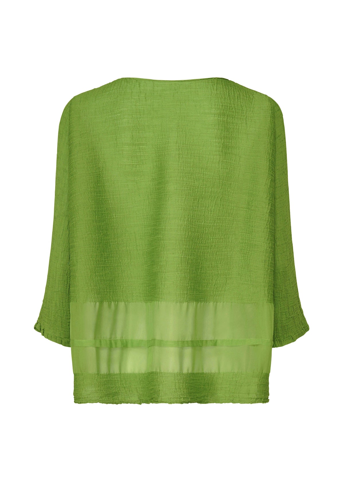 The SHEER SEE-THROUGH CREPE blouse by me ISSEY MIYAKE is a loose-fitting, light green textured top with three-quarter sleeves, made from garment-dyed fabric and featuring a sheer horizontal band near the hem, shown on a white background. view 4 of 7