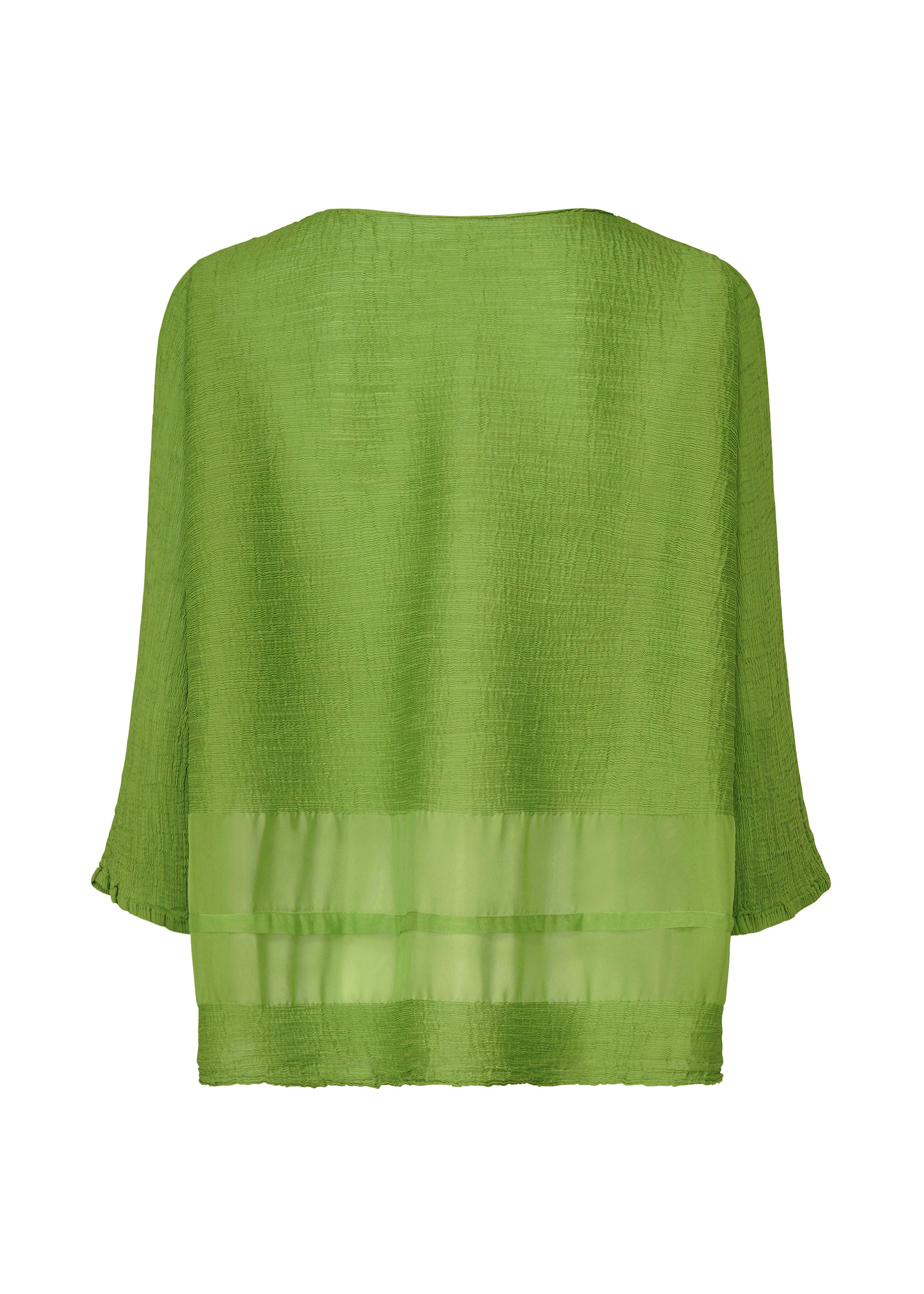 Zoomed view The SHEER SEE-THROUGH CREPE blouse by me ISSEY MIYAKE is a loose-fitting, light green textured top with three-quarter sleeves, made from garment-dyed fabric and featuring a sheer horizontal band near the hem, shown on a white background.