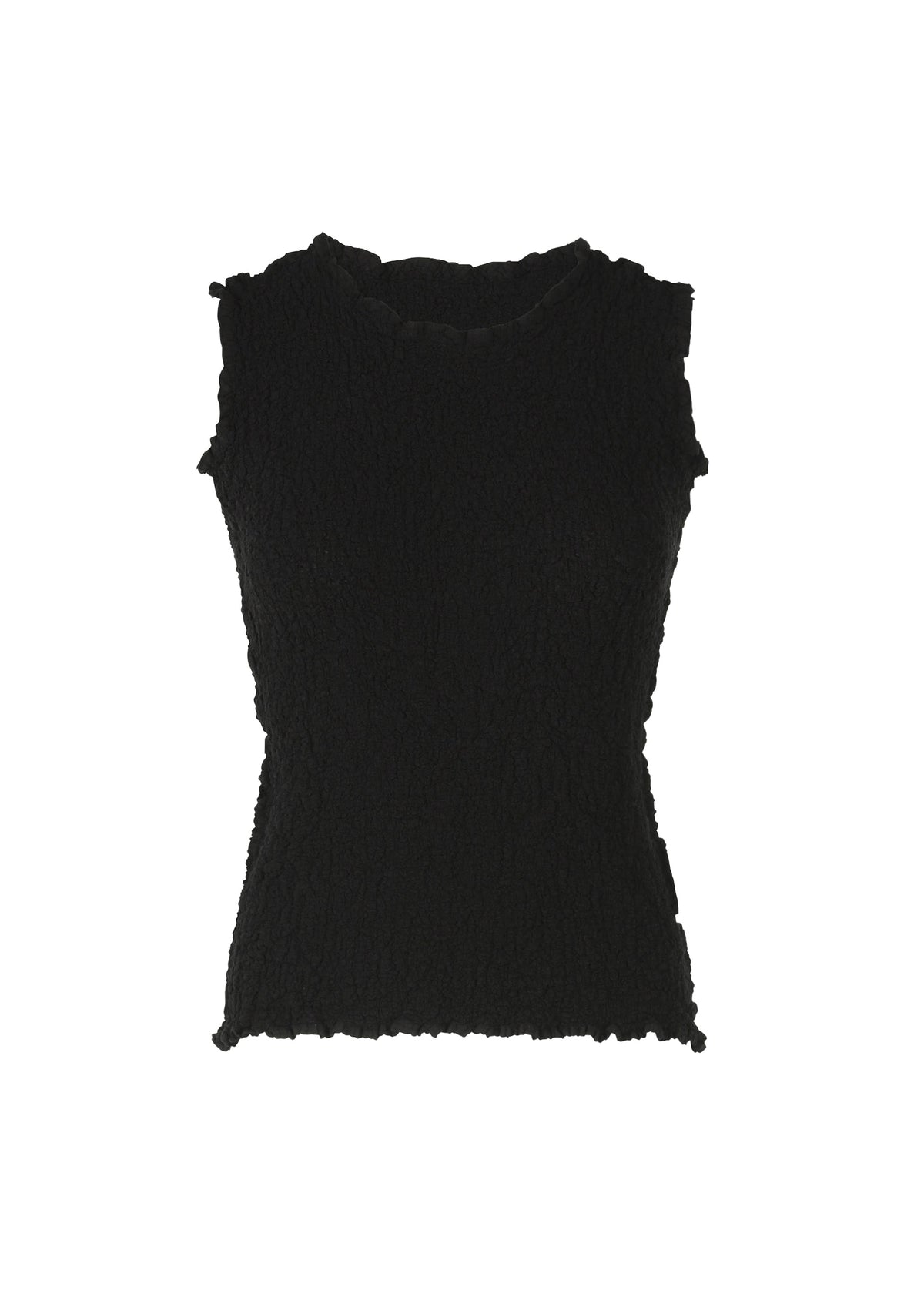 The CAULIFLOWER sleeveless fitted top by me ISSEY MIYAKE features a black crinkled cotton fabric, round high neckline, and is displayed against a plain white background. view 2 of 6