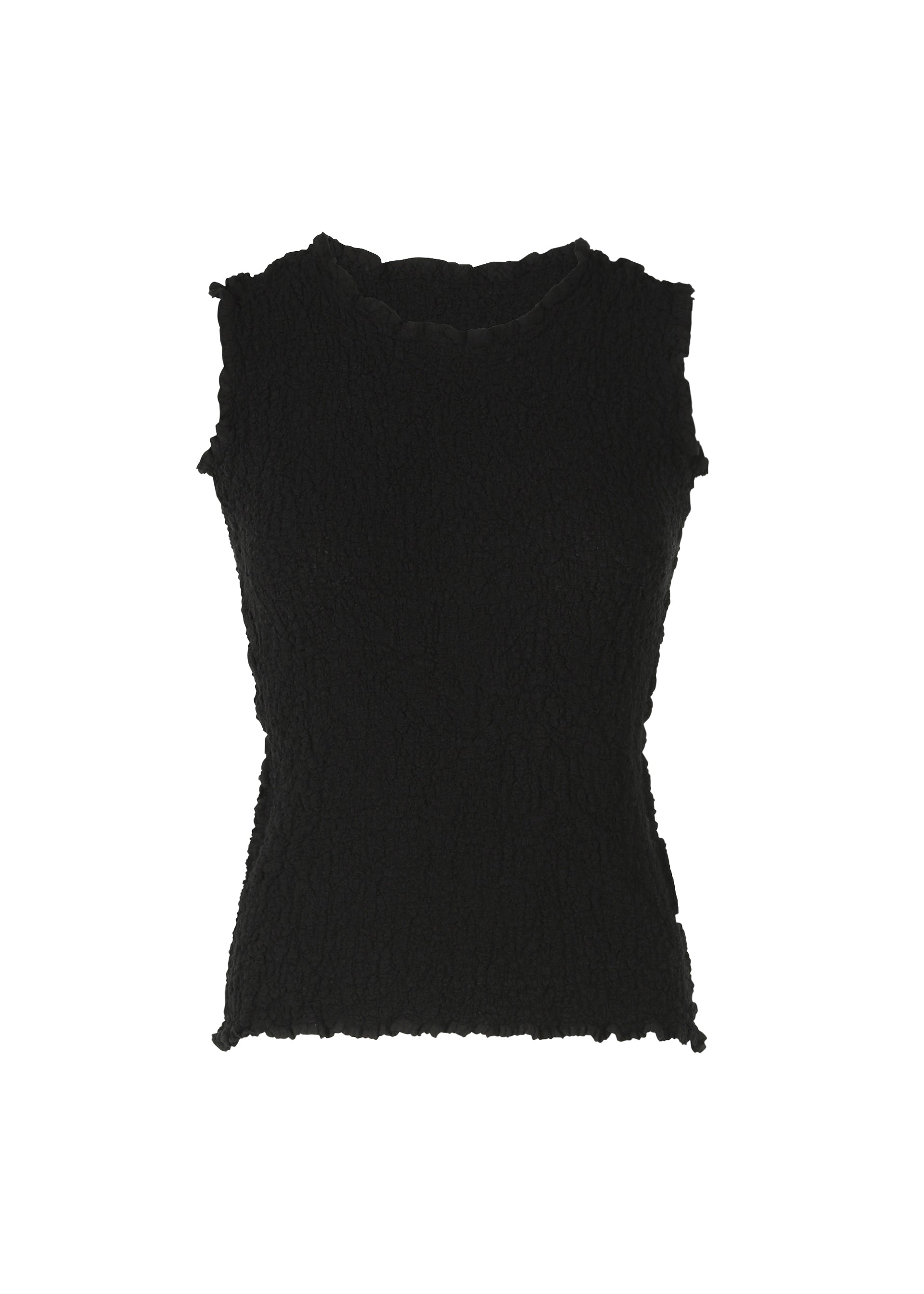 Zoomed view The CAULIFLOWER sleeveless fitted top by me ISSEY MIYAKE features a black crinkled cotton fabric, round high neckline, and is displayed against a plain white background. - BLACK （no.15）