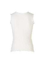 The CAULIFLOWER by me ISSEY MIYAKE is a sleeveless, round-neck cotton top with a textured white design and ruffled edges, shown from the back against a plain white background.