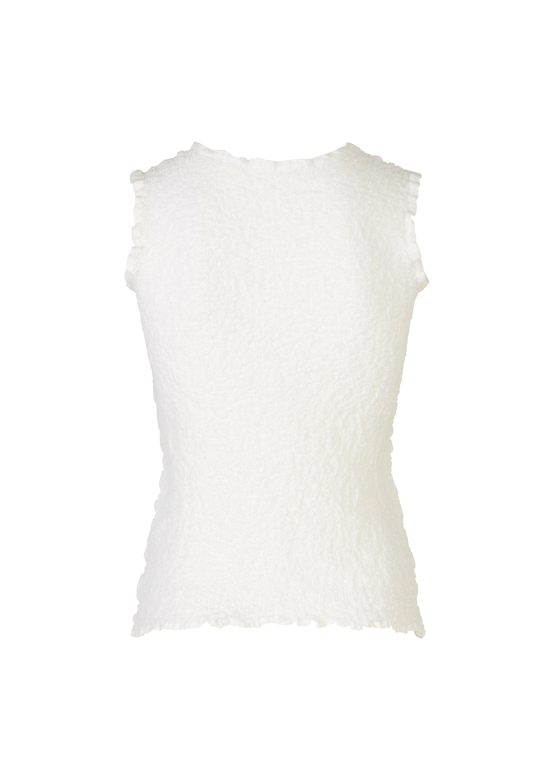 Zoomed view The CAULIFLOWER by me ISSEY MIYAKE is a sleeveless, round-neck cotton top with a textured white design and ruffled edges, shown from the back against a plain white background.