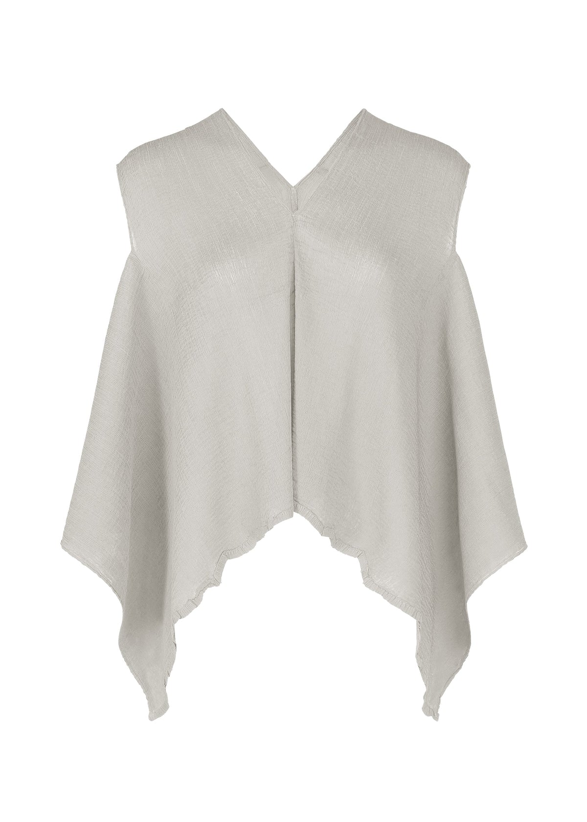 The FLAT SEE-THROUGH CREPE by me ISSEY MIYAKE is a light gray, sleeveless V-neck poncho with an asymmetrical hem, loose draped sides, and a textured finish for a flowy, relaxed silhouette. view 1 of 8