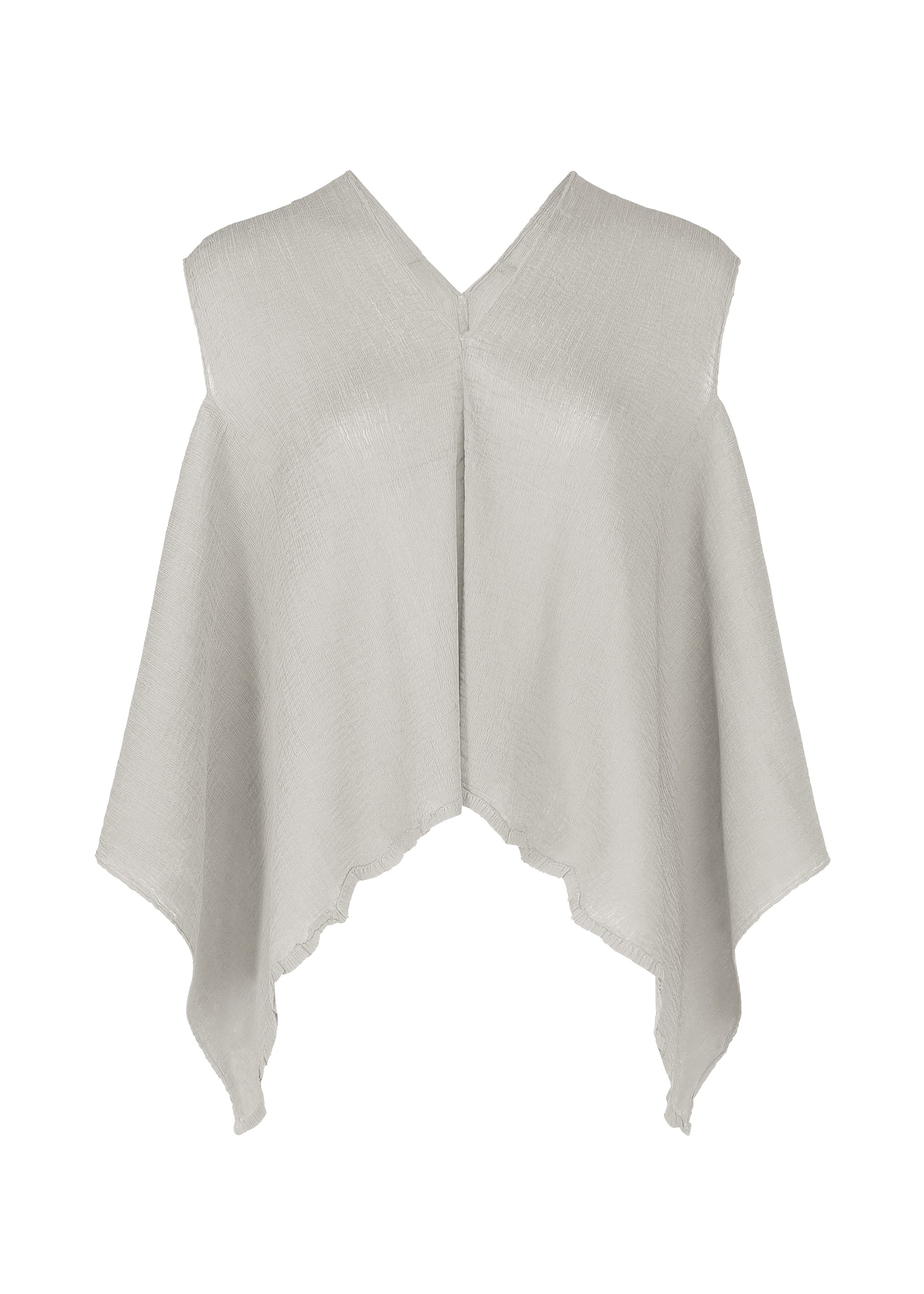 Zoomed view The FLAT SEE-THROUGH CREPE by me ISSEY MIYAKE is a light gray, sleeveless V-neck poncho with an asymmetrical hem, loose draped sides, and a textured finish for a flowy, relaxed silhouette. - GRAY (no.12)
