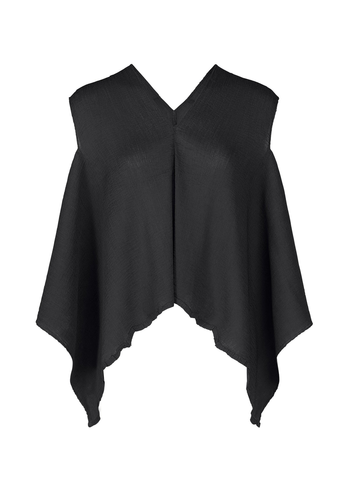 The FLAT SEE-THROUGH CREPE by me ISSEY MIYAKE is a sleeveless black top featuring a V-neckline and asymmetric handkerchief hem, made from lightweight, garment-dyed fabric with subtle texture. view 2 of 8