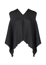 The FLAT SEE-THROUGH CREPE by me ISSEY MIYAKE is a sleeveless black top featuring a V-neckline and asymmetric handkerchief hem, made from lightweight, garment-dyed fabric with subtle texture. - BLACK (no.15)