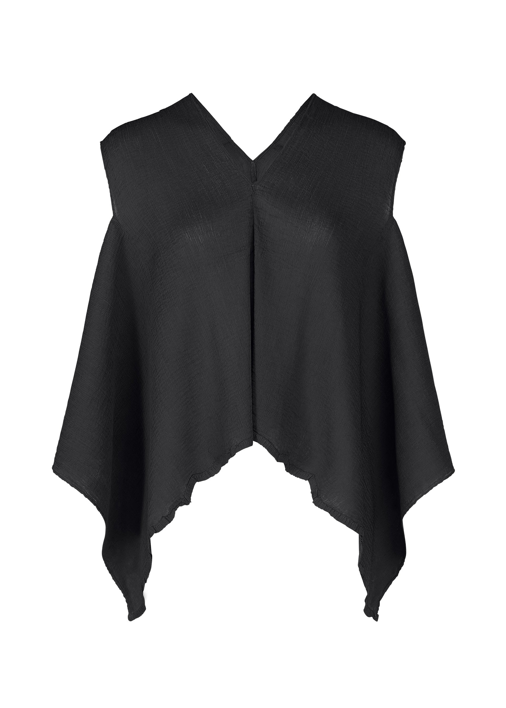 Zoomed view The FLAT SEE-THROUGH CREPE by me ISSEY MIYAKE is a sleeveless black top featuring a V-neckline and asymmetric handkerchief hem, made from lightweight, garment-dyed fabric with subtle texture. - BLACK (no.15)
