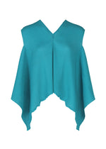The FLAT SEE-THROUGH CREPE by me ISSEY MIYAKE is a turquoise, sleeveless poncho-style top with garment-dyed crepe fabric, V-neck, asymmetrical hem, and draped sides. Shown on a plain white background. - TURQUOISE (no.73)