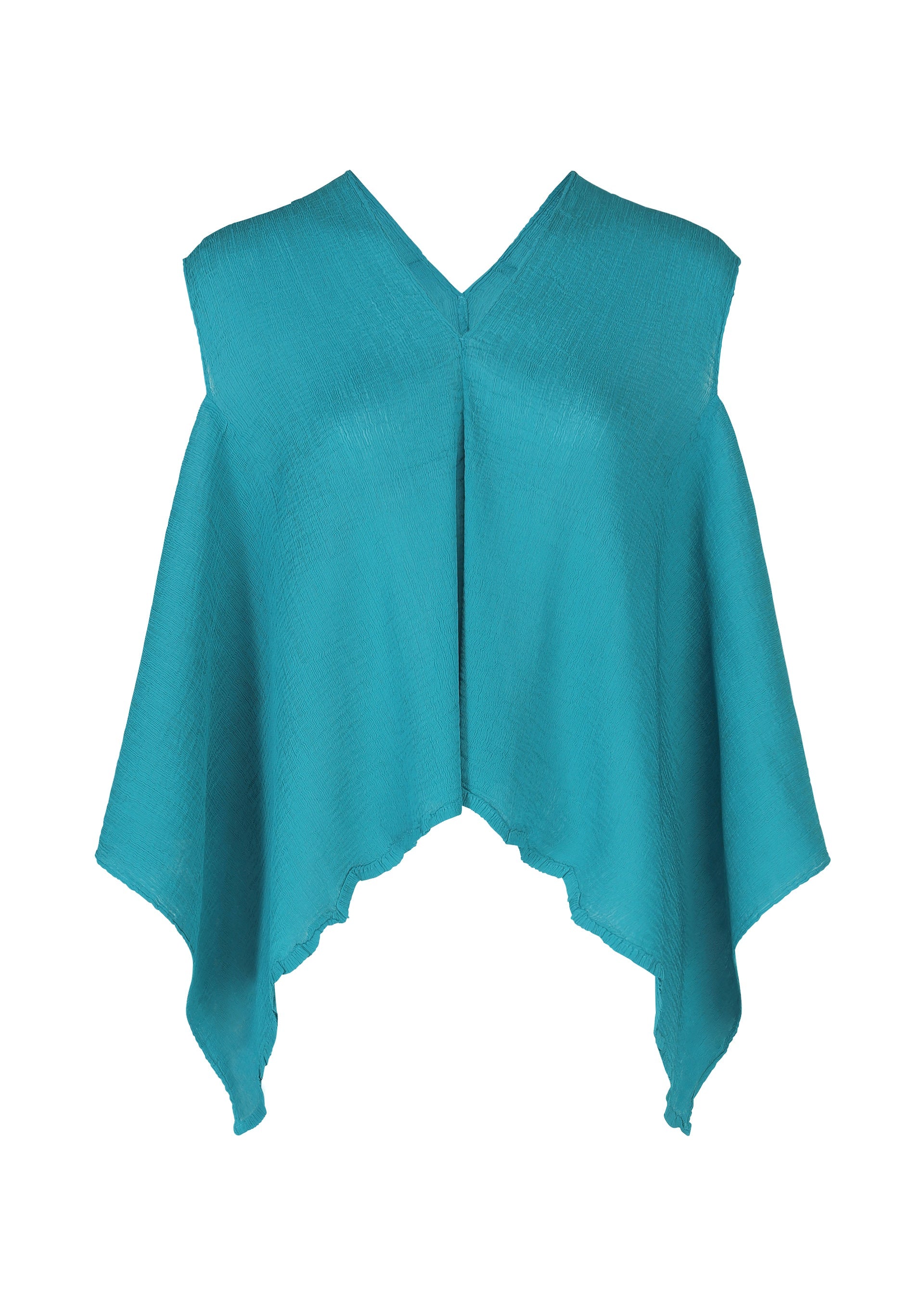 Zoomed view The FLAT SEE-THROUGH CREPE by me ISSEY MIYAKE is a turquoise, sleeveless poncho-style top with garment-dyed crepe fabric, V-neck, asymmetrical hem, and draped sides. Shown on a plain white background. - TURQUOISE (no.73)