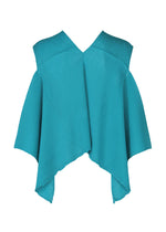 The FLAT SEE-THROUGH CREPE by me ISSEY MIYAKE is a teal blue, sleeveless top crafted from lightweight, garment-dyed textured fabric with a V-neckline and asymmetrical pointed hem, shown against a white background.