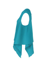 The FLAT SEE-THROUGH CREPE by me ISSEY MIYAKE is a sleeveless turquoise asymmetrical top with a wide neckline and pointed hem, crafted from lightweight garment-dyed fabric for distinctive texture.