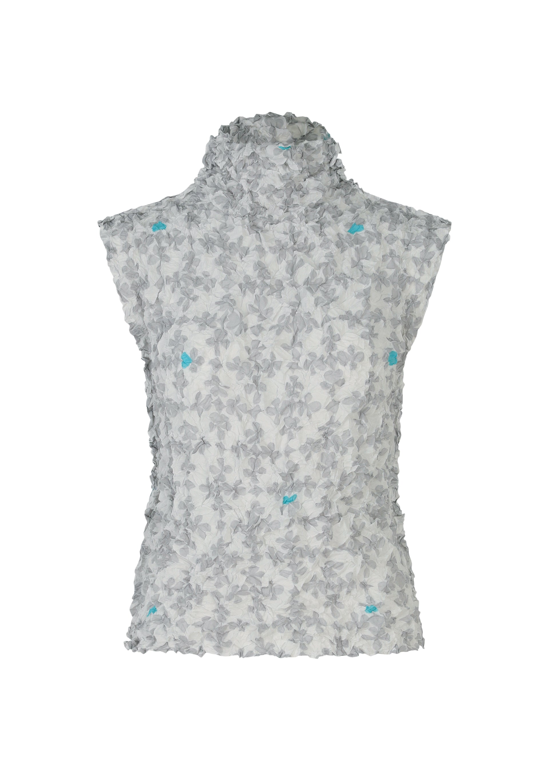 Zoomed view The SUIT MERINGUE TOP by me ISSEY MIYAKE is a sleeveless, high-neck top with a crushed pleat finish and light gray floral patterns with blue accents on a white background. - GRAY-HUED （no.17）