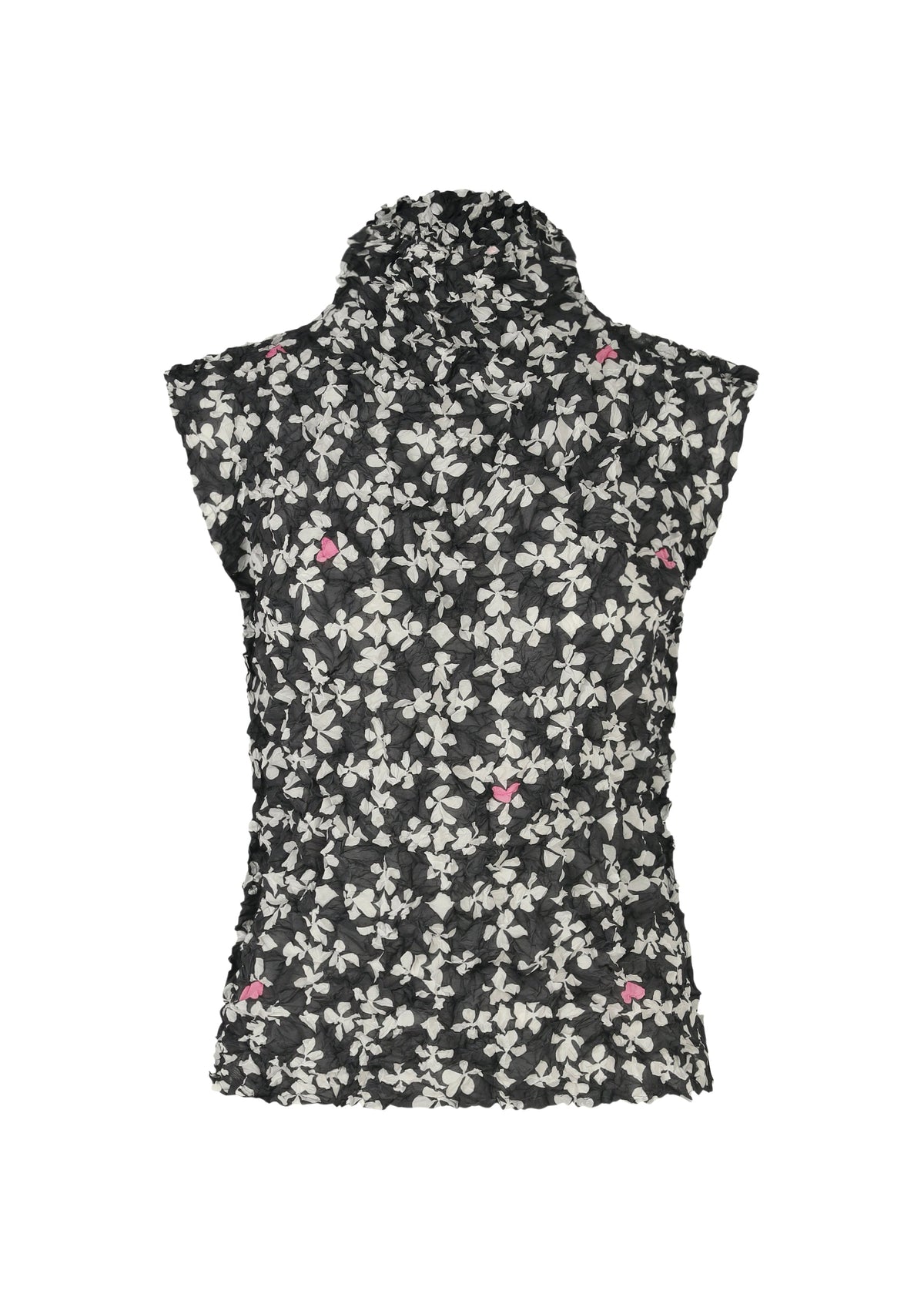 Back view of the SUIT MERINGUE TOP by me ISSEY MIYAKE, a high-neck sleeveless design featuring a crushed pleat finish and white and pink floral pattern with a crinkled texture. view 2 of 8
