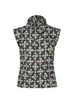 Back view of the SUIT MERINGUE TOP by me ISSEY MIYAKE, a high-neck sleeveless design featuring a crushed pleat finish and white and pink floral pattern with a crinkled texture. - BLACK-HUED （no.18）