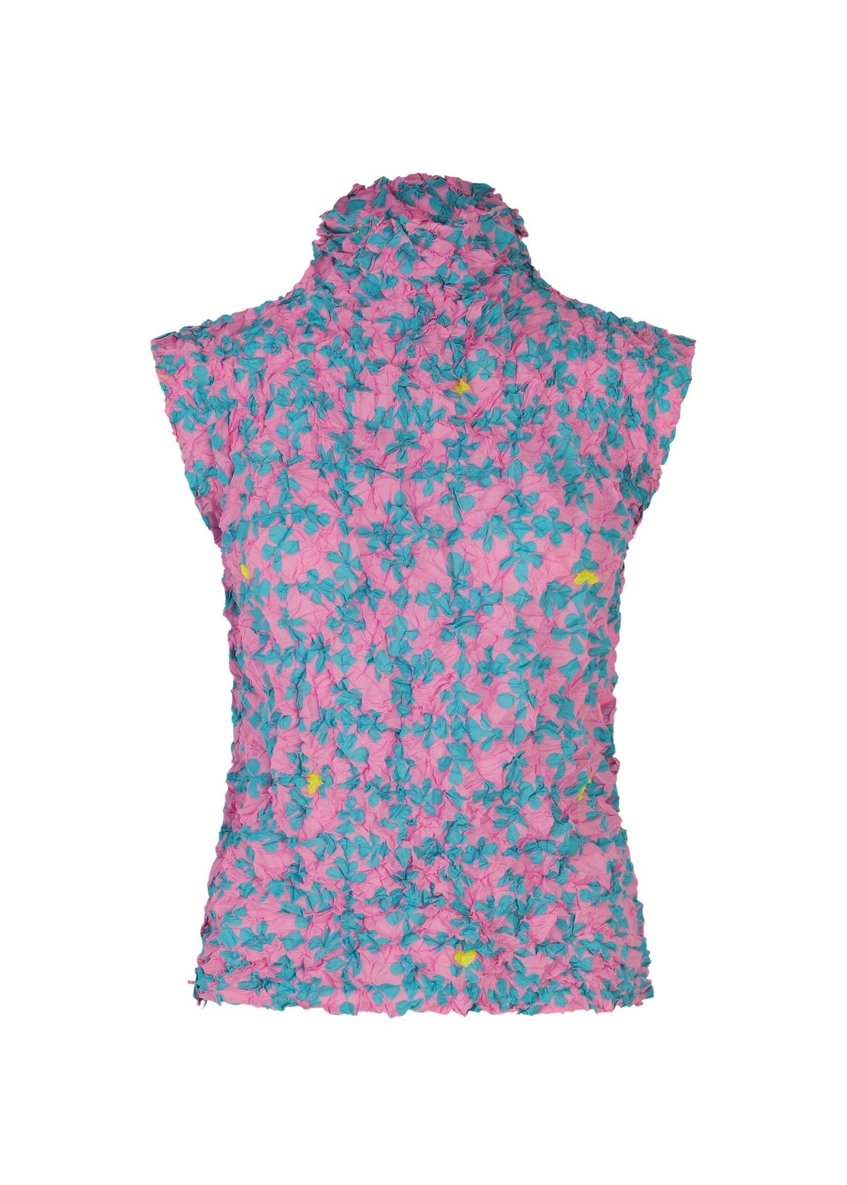 The SUIT MERINGUE TOP by me ISSEY MIYAKE is a high-neck, sleeveless top with a crushed pleat finish, featuring a pink base with an all-over blue floral pattern and subtle yellow accents on a white background. view 3 of 8