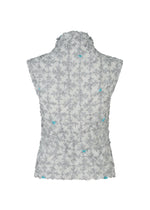Back view of the SUIT MERINGUE TOP by me ISSEY MIYAKE: a high-neck sleeveless top with crushed pleats, light gray floral patterns, subtle playing card motifs, and blue accents on a white background.