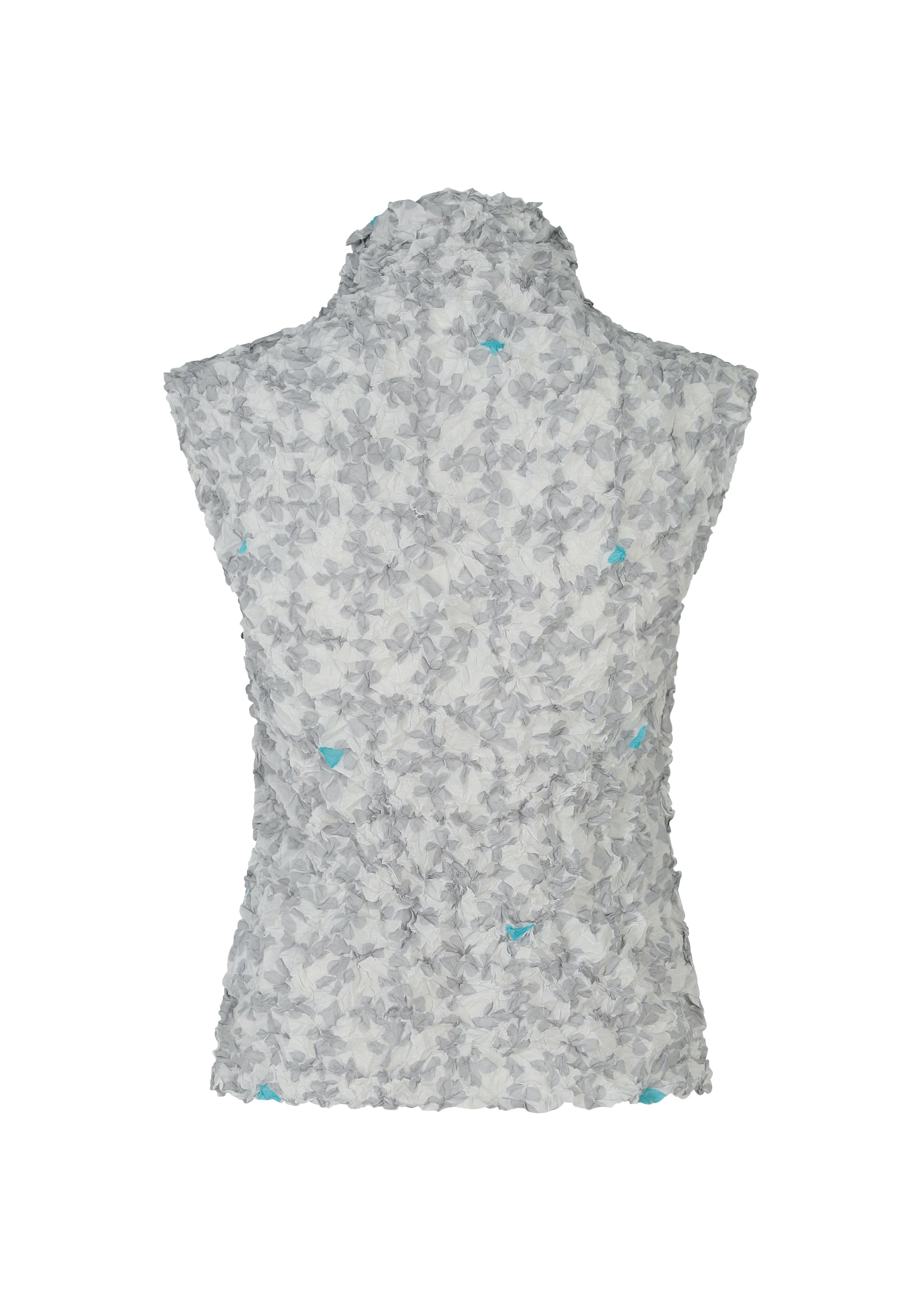 Zoomed view Back view of the SUIT MERINGUE TOP by me ISSEY MIYAKE: a high-neck sleeveless top with crushed pleats, light gray floral patterns, subtle playing card motifs, and blue accents on a white background.