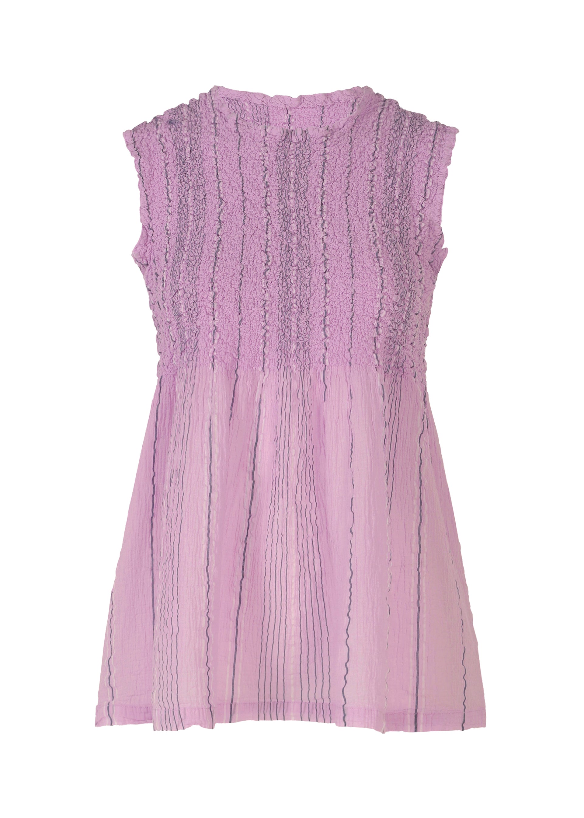 Zoomed view The SHIRT STRIPE CAULIFLOWER by me ISSEY MIYAKE is a sleeveless lavender blouse with a high round neck, textured ruched cotton bodice, and vertical pleats on the flowy lower half for added comfort and style. - LILAC-HUED (no.27)