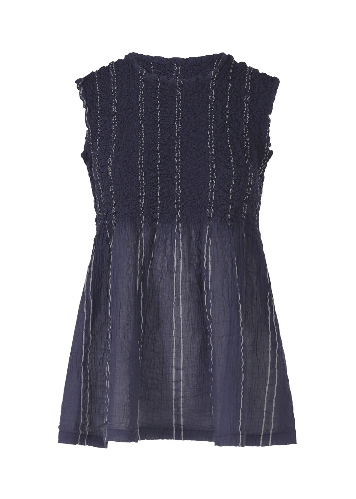The SHIRT STRIPE CAULIFLOWER by me ISSEY MIYAKE is a sleeveless navy blue top featuring textured crinkled fabric, shirt stripe details, and a slightly flared sheer lower half for airy cotton comfort. view 2 of 7