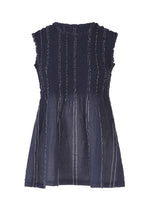 The SHIRT STRIPE CAULIFLOWER by me ISSEY MIYAKE is a sleeveless navy blue top featuring textured crinkled fabric, shirt stripe details, and a slightly flared sheer lower half for airy cotton comfort. - NAVY-HUED (no.79)
