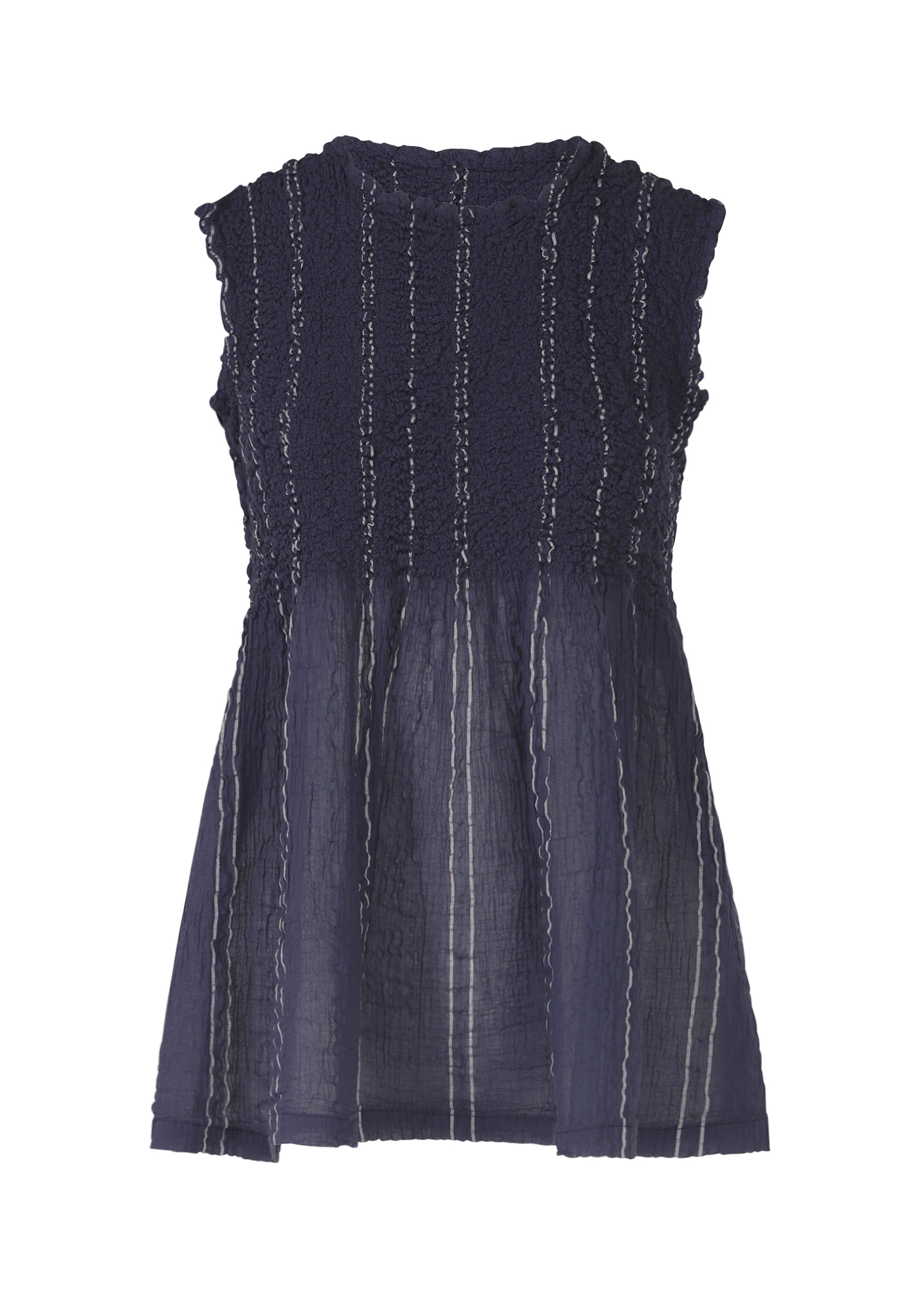 Zoomed view The SHIRT STRIPE CAULIFLOWER by me ISSEY MIYAKE is a sleeveless navy blue top featuring textured crinkled fabric, shirt stripe details, and a slightly flared sheer lower half for airy cotton comfort. - NAVY-HUED (no.79)