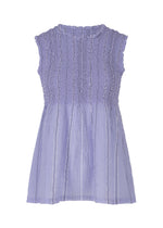 The SHIRT STRIPE CAULIFLOWER by me ISSEY MIYAKE is a sleeveless lavender blouse with cotton comfort, a textured smocked bodice, loose flared hem, and lightweight, semi-sheer fabric featuring chic shirt stripes. - LAVENDER-HUED (no.88)