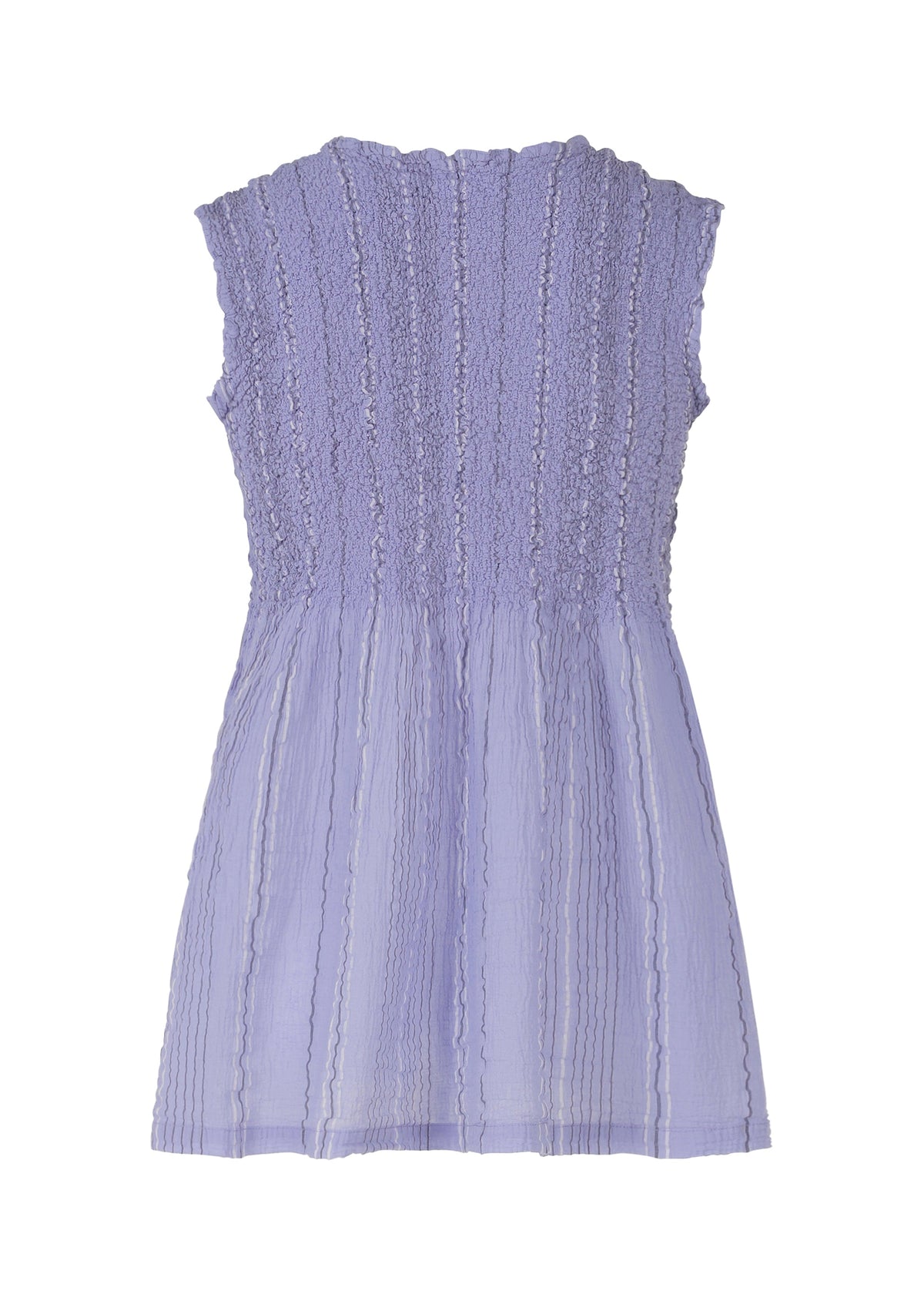 The SHIRT STRIPE CAULIFLOWER dress by me ISSEY MIYAKE is a sleeveless, light purple cotton dress with a textured, ruched bodice, slightly flared skirt, and vertical shirt stripe patterns shown from the back. view 4 of 7