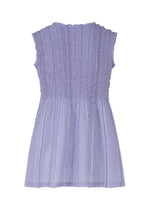 The SHIRT STRIPE CAULIFLOWER dress by me ISSEY MIYAKE is a sleeveless, light purple cotton dress with a textured, ruched bodice, slightly flared skirt, and vertical shirt stripe patterns shown from the back.