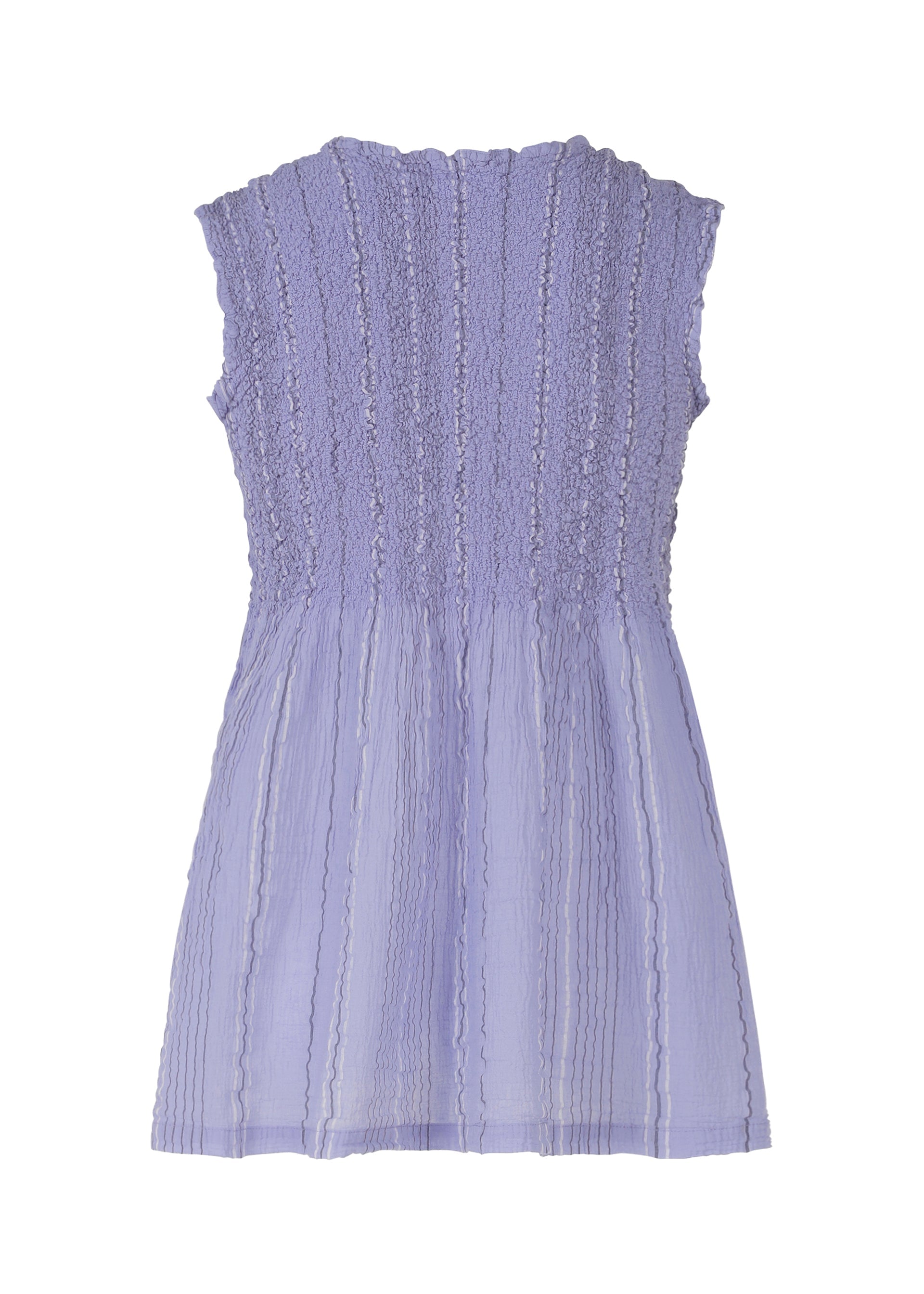 Zoomed view The SHIRT STRIPE CAULIFLOWER dress by me ISSEY MIYAKE is a sleeveless, light purple cotton dress with a textured, ruched bodice, slightly flared skirt, and vertical shirt stripe patterns shown from the back.