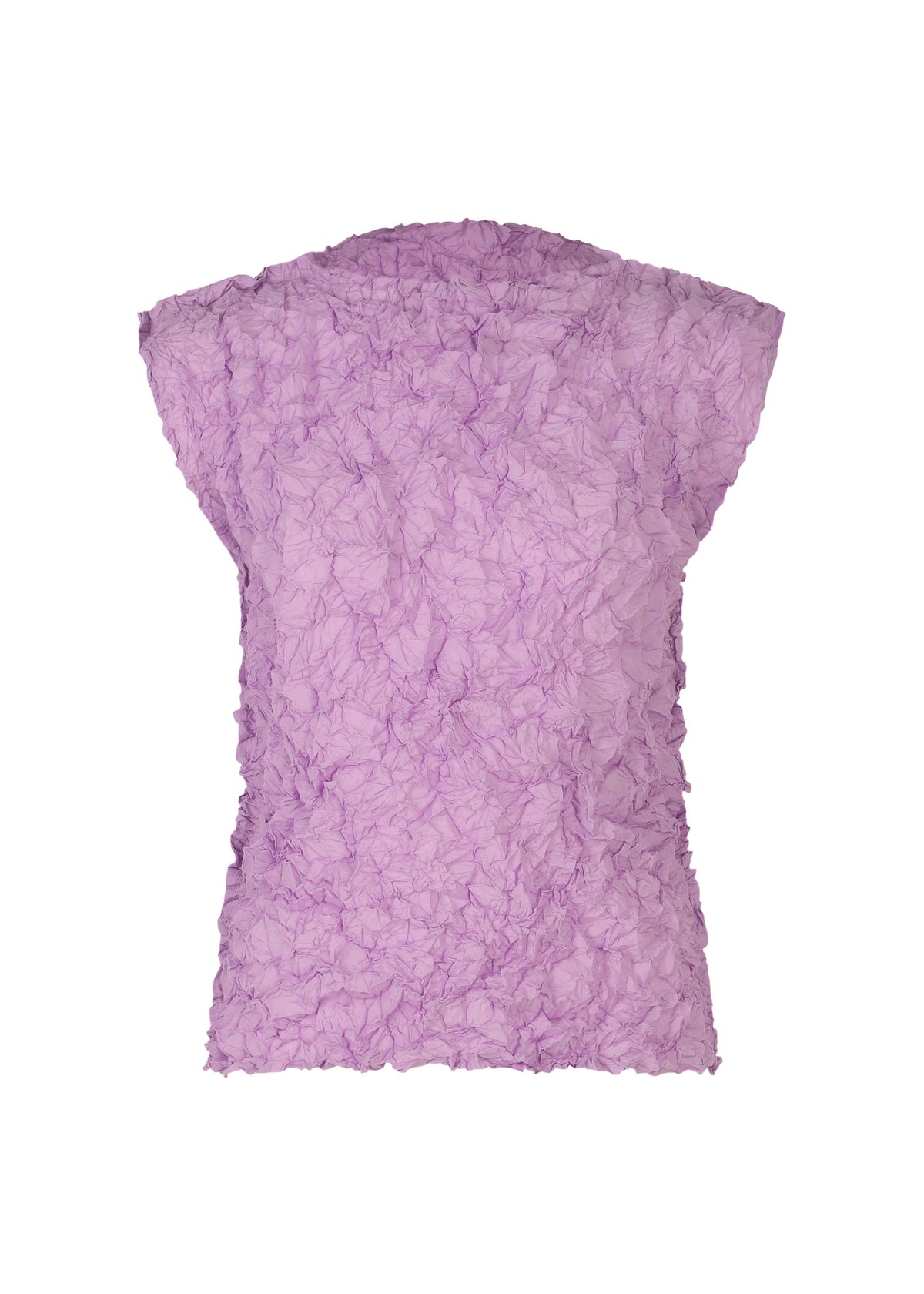 The MERINGUE TOP by me ISSEY MIYAKE is a lavender, sleeveless polyester top featuring a crushed pleat texture and a slightly boxy silhouette, shown against a white background. view 2 of 10