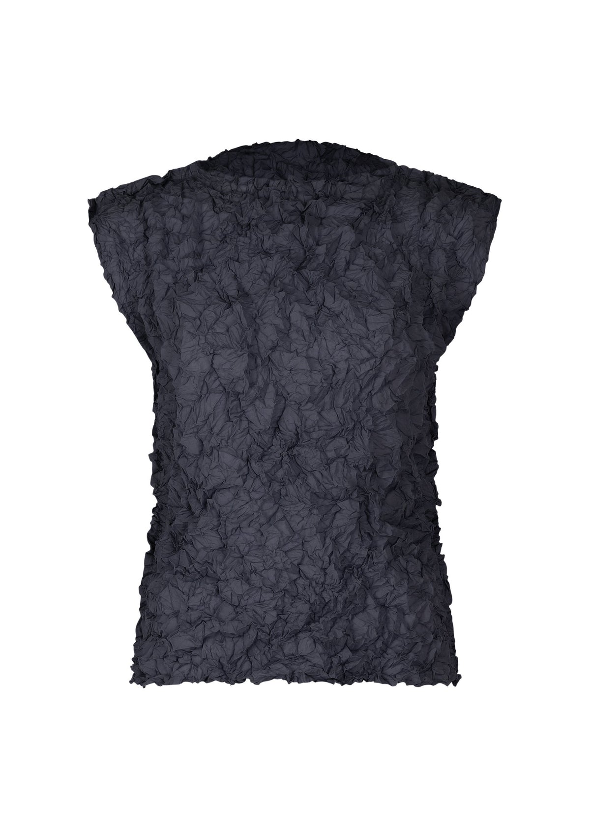 The MERINGUE TOP by me ISSEY MIYAKE is a black sleeveless polyester top with crushed pleats, a high neckline, and slightly extended shoulders. view 4 of 10