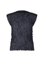 The MERINGUE TOP by me ISSEY MIYAKE is a black sleeveless polyester top with crushed pleats, a high neckline, and slightly extended shoulders. - NAVY （no.75）