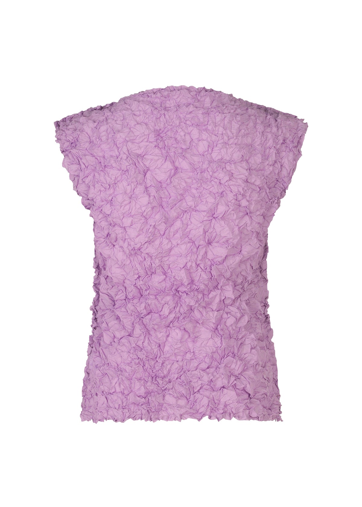 The MERINGUE TOP by me ISSEY MIYAKE is a pastel purple, sleeveless polyester top with crushed pleats and textured ruffles, shown against a plain white background. view 6 of 10