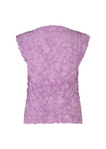 The MERINGUE TOP by me ISSEY MIYAKE is a pastel purple, sleeveless polyester top with crushed pleats and textured ruffles, shown against a plain white background.