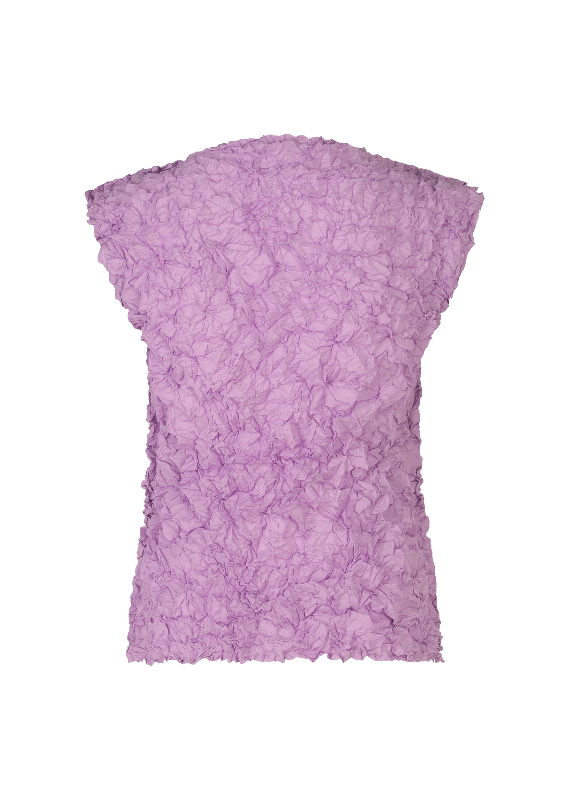 Zoomed view The MERINGUE TOP by me ISSEY MIYAKE is a pastel purple, sleeveless polyester top with crushed pleats and textured ruffles, shown against a plain white background.