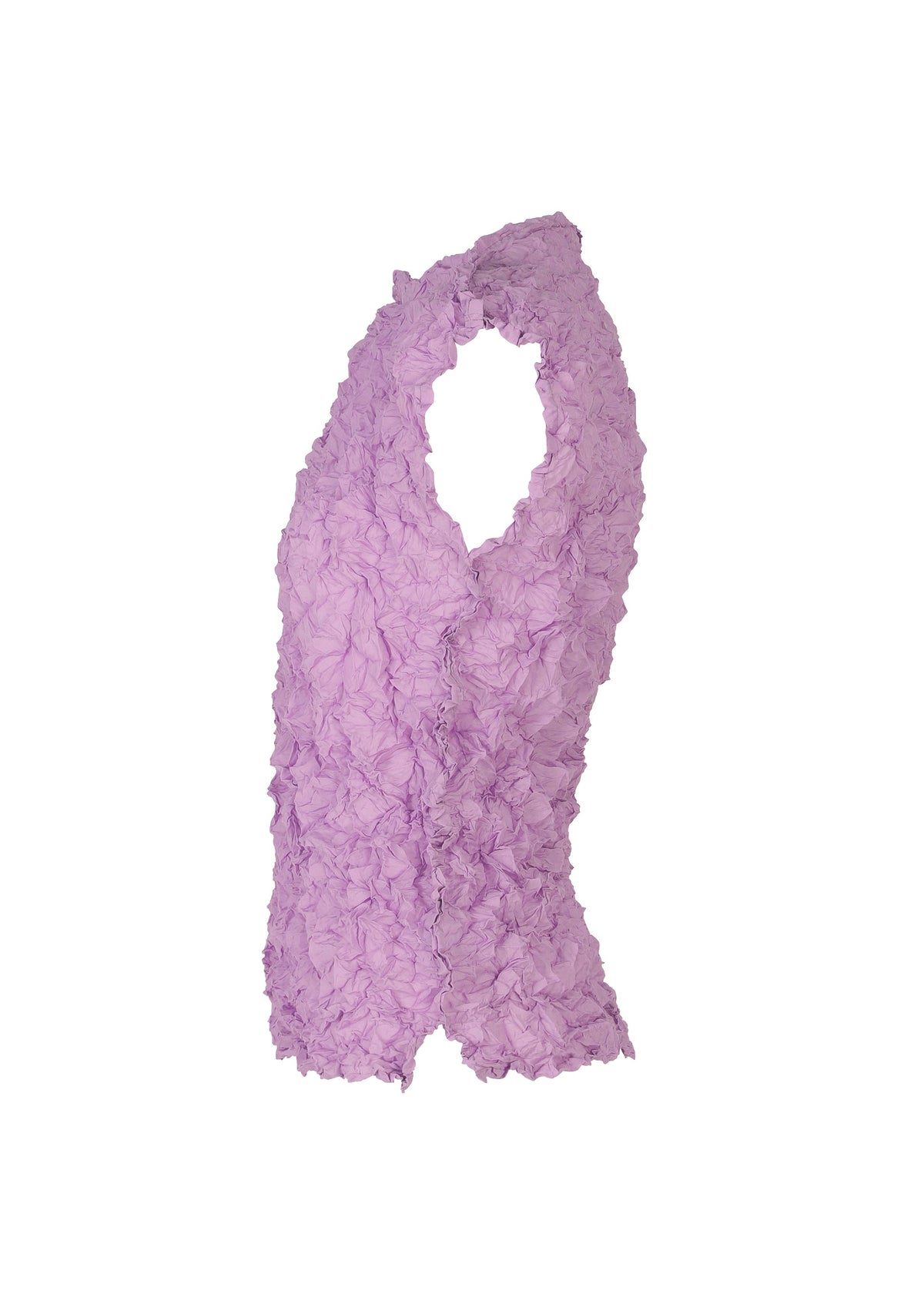 The MERINGUE TOP by me ISSEY MIYAKE is a sleeveless lavender polyester vest featuring a textured, crushed pleat and ruffled design, displayed on a white background. view 7 of 10