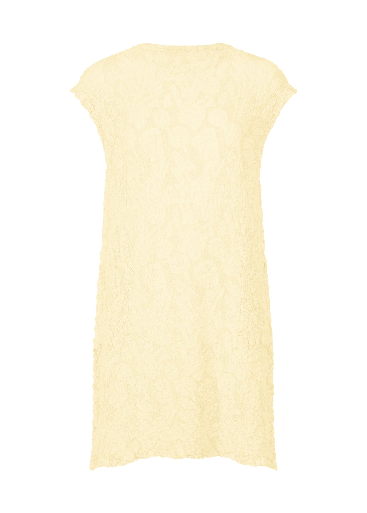 The SURPRISE BOX PRINT CAULIFLOWER dress by me ISSEY MIYAKE features a sleeveless, knee-length design with a straight silhouette and round neckline, showcasing subtle elegance against a plain white background. view 1 of 7
