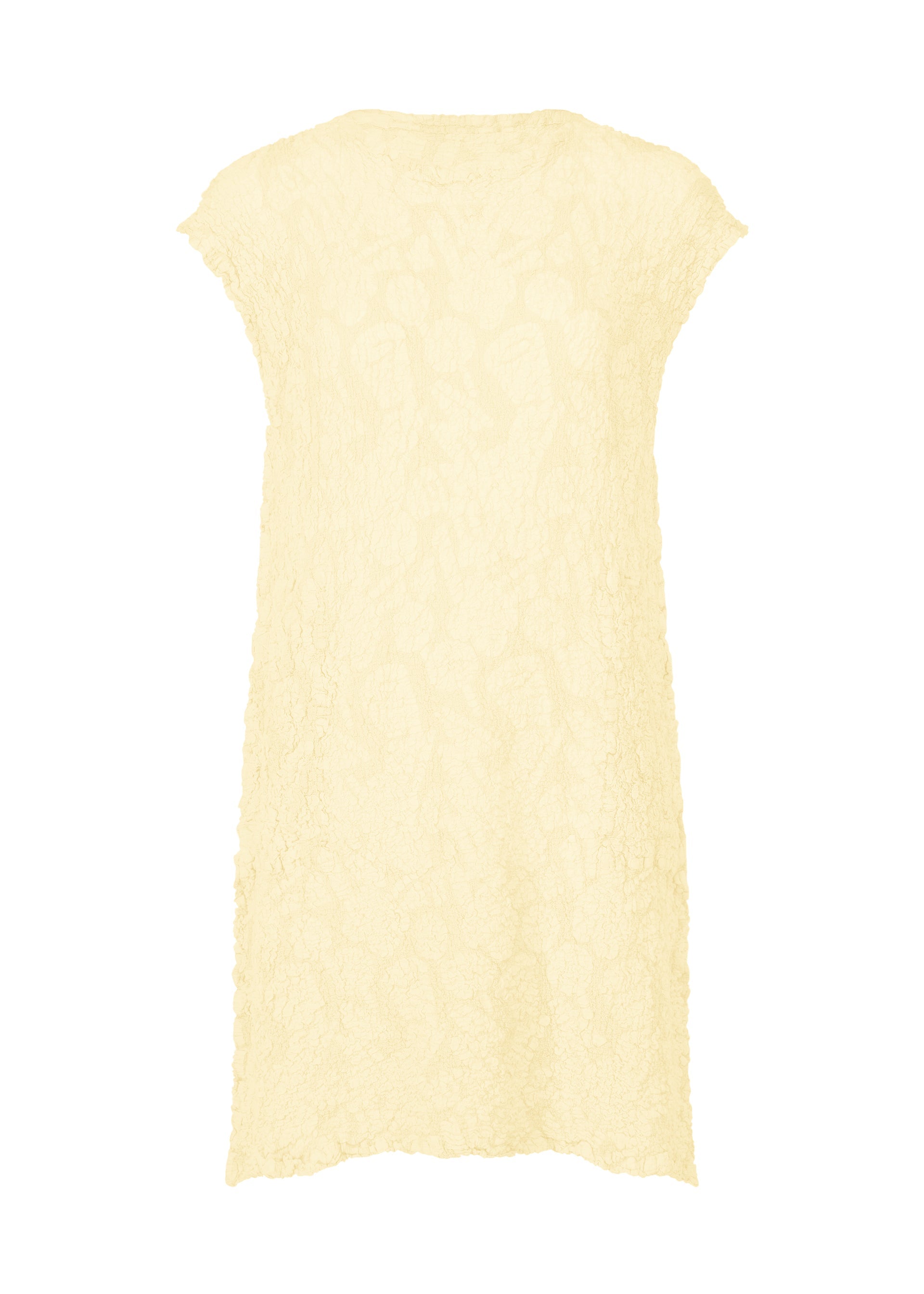 Zoomed view The SURPRISE BOX PRINT CAULIFLOWER dress by me ISSEY MIYAKE features a sleeveless, knee-length design with a straight silhouette and round neckline, showcasing subtle elegance against a plain white background. - WHITE-HUED （no.09）