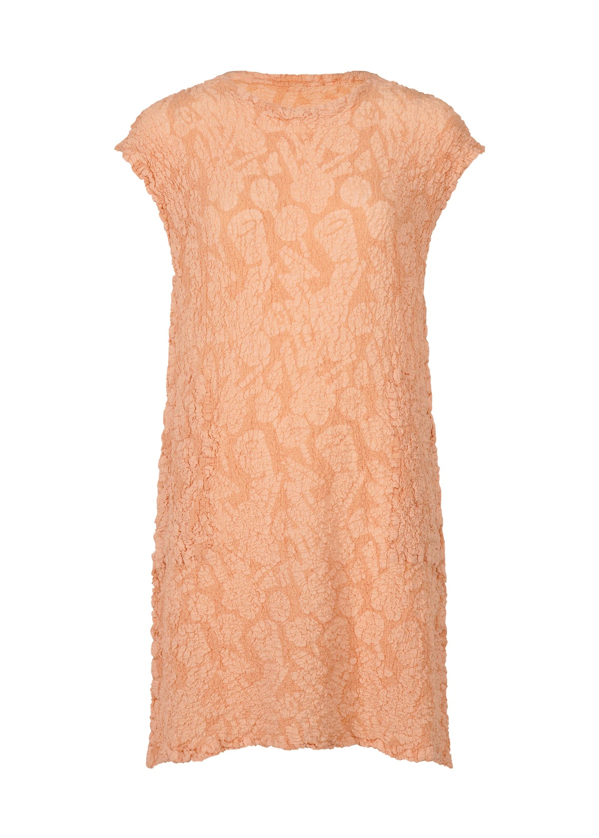 The SURPRISE BOX PRINT CAULIFLOWER dress by me ISSEY MIYAKE is a peach-colored, sleeveless, knee-length lace dress with a round neckline and relaxed fit, inspired by cotton tunics and subtle pigment printing. view 2 of 7